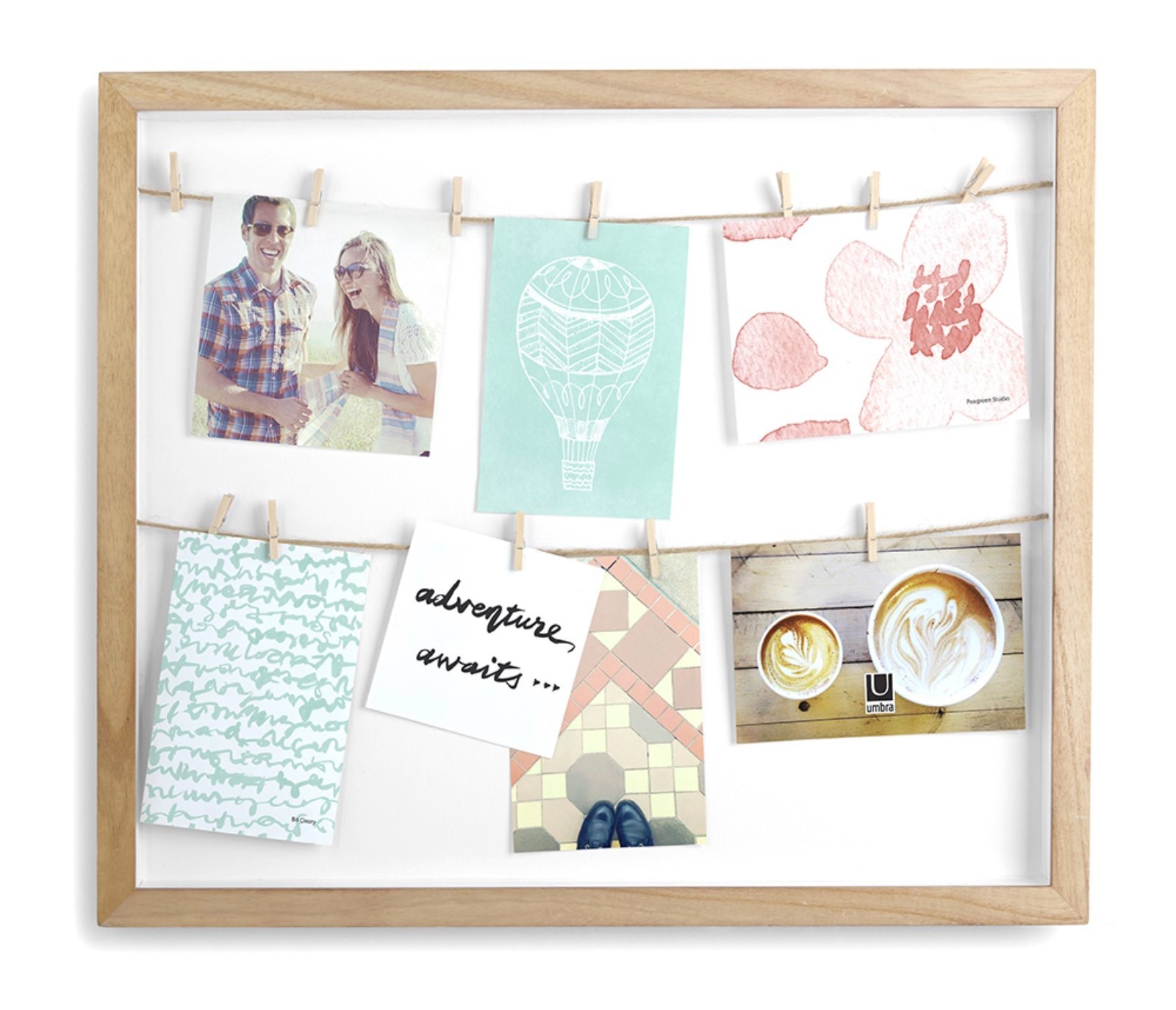 Панно с зажимами для 12 фотографий Clothesline натуральное дерево