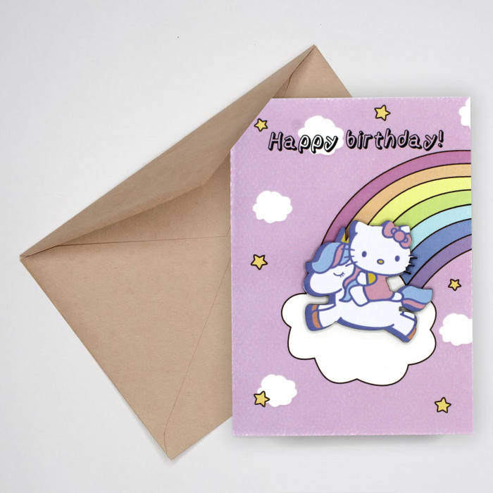 Открытка Happy Birthday (Hello Kitty на радуге)