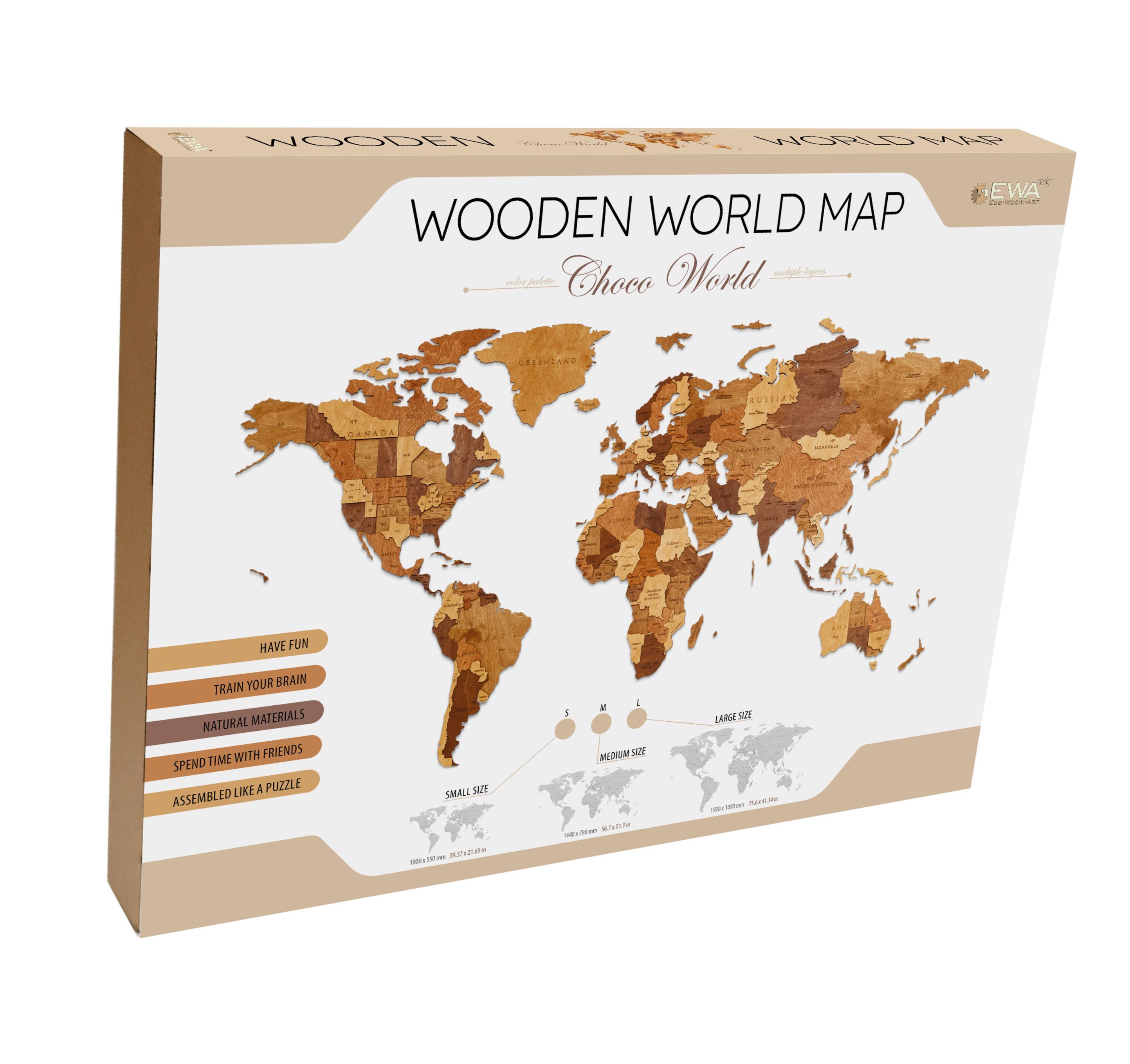 Деревянная Карта Мира настенная EWA (шоколад) S 