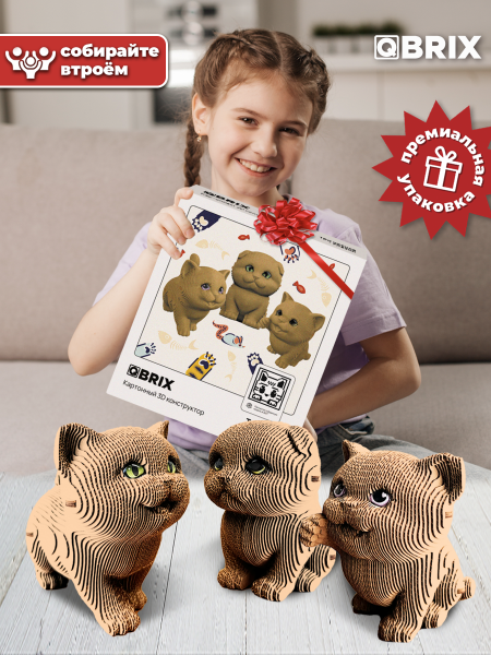 Картонный 3D конструктор Qbrix - Три котика и глазки