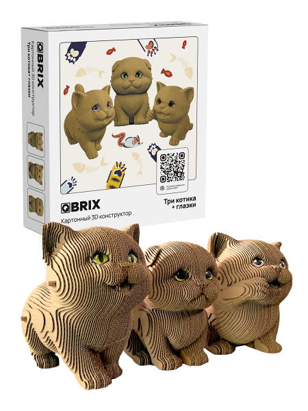 Картонный 3D конструктор Qbrix - Три котика и глазки