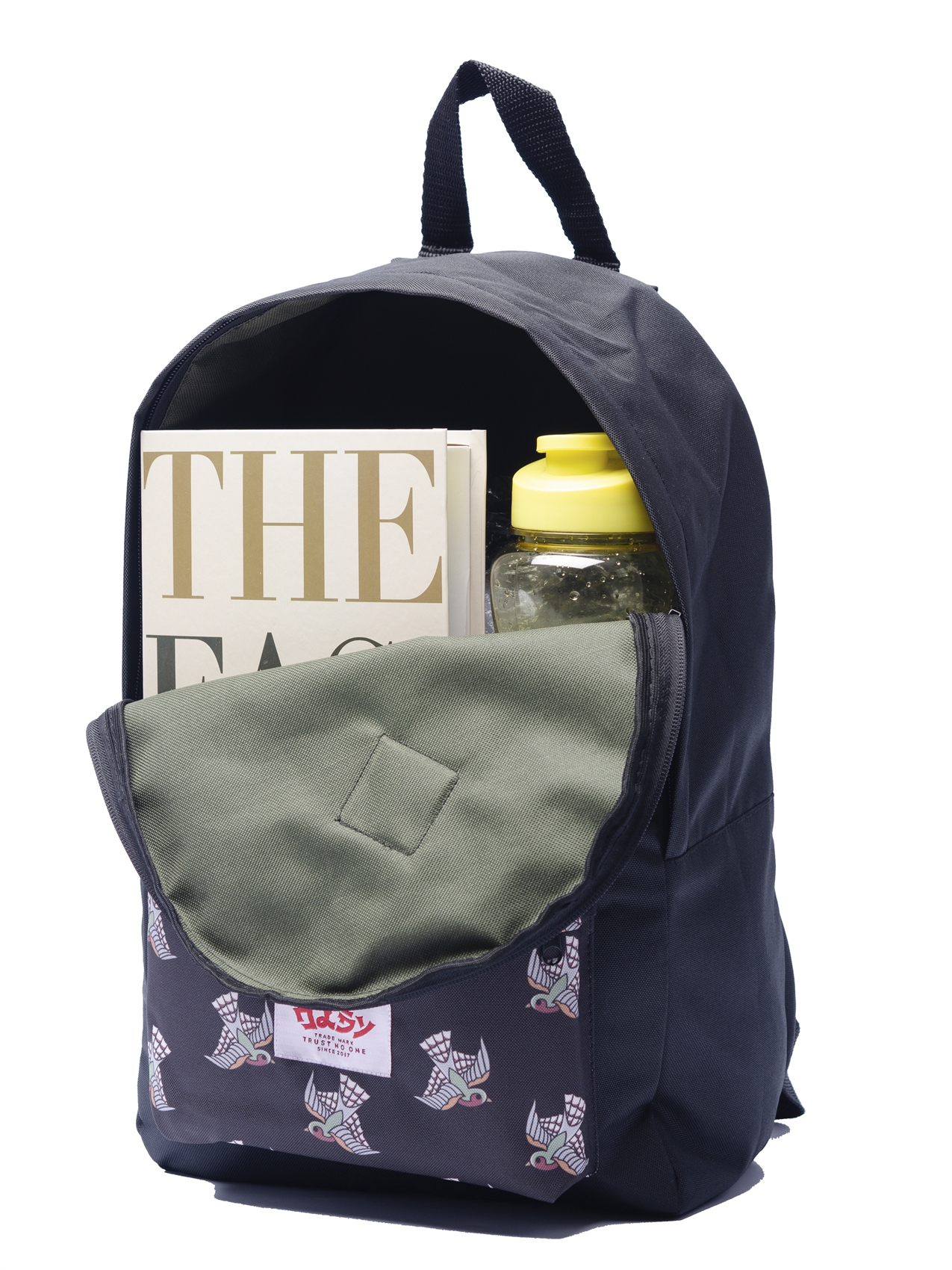 Рюкзак Oldy принт карман (черный, ласточки)