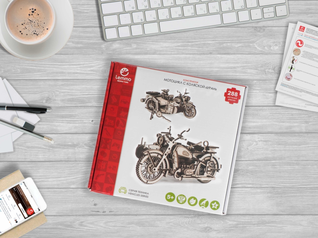 Сборная модель из дерева Lemmo Мотоцикл с коляской УРАН